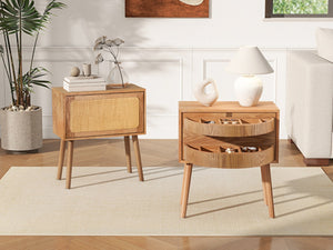 English Elm Rotating Rattan Nightstand Push Open Hidden Storage Mid Century Wood Leg Bedside Natural N761P288451M