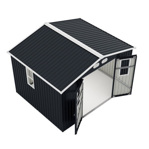 English Elm Outdoor Metal Storage Shed 8x10 with Four Windows Lockable Doors Waterproof Steel W1598S00038