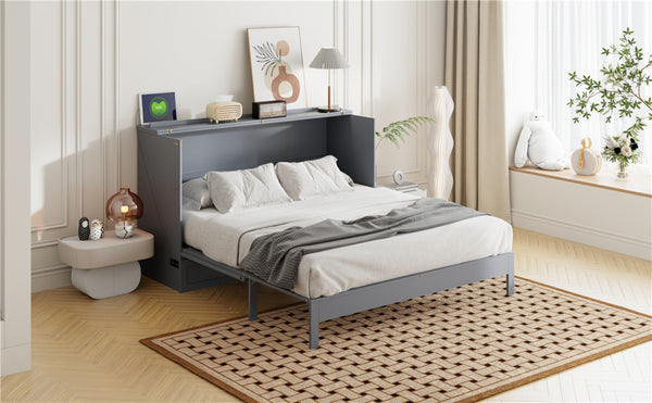 English Elm Queen Murphy Wall Bed with Usb Ports Storage Drawers and Cabinet Style Panel Front Gray N708S00010E