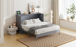English Elm Queen Murphy Wall Bed with Usb Ports Storage Drawers and Cabinet Style Panel Front Gray N708S00010E-1