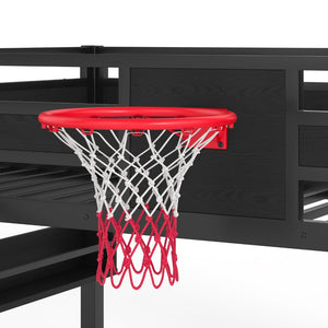 English Elm Twin Metal Loft Bed with Slide Basketball Hoop Climbing Wall and Built-in Shelves Black W1580S00342