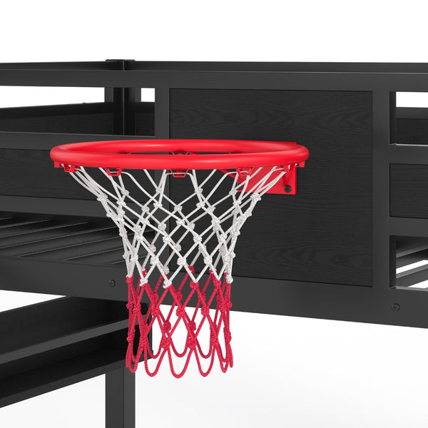 English Elm Twin Metal Loft Bed with Slide Basketball Hoop Climbing Wall and Built-in Shelves Black W1580S00342