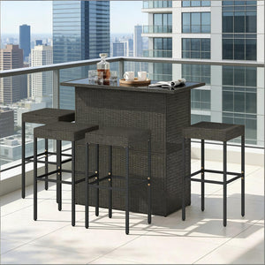English Elm Bar Height Outdoor Wicker Patio Set with Tempered Glass Table and Four Stools Dark Brown T3971S00212