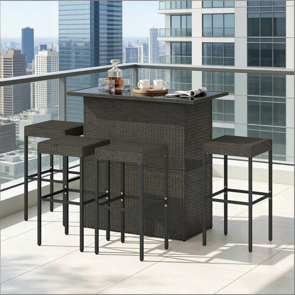 English Elm Bar Height Outdoor Wicker Patio Set with Tempered Glass Table and Four Stools Dark Brown T3971S00212