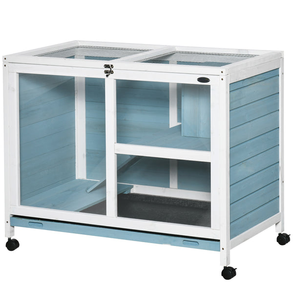 English Elm PawHut Compact Indoor Rabbit Hutch with Wheels and Plexiglass Window, Waterproof, Easy-Clean Tray Light Blue W2225P200743