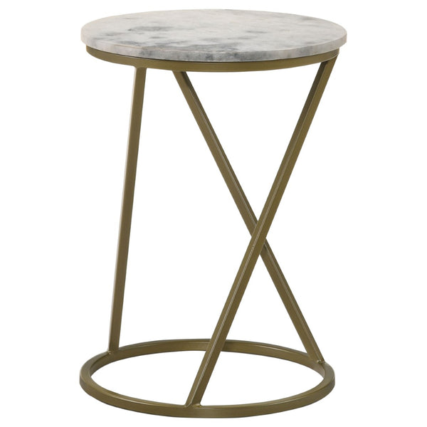 English Elm Balboa Honed Marble Round Side Table with Geometric Antique Gold Iron Base B062P447809