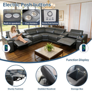 English Elm Power Reclining Sectional with Bluetooth Audio Led Lighting and Wireless Charging Tech Leather Dark Grey W3795S00020