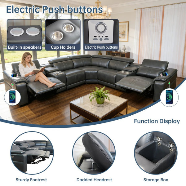 English Elm Power Reclining Sectional with Bluetooth Audio Led Lighting and Wireless Charging Tech Leather Dark Grey W3795S00020