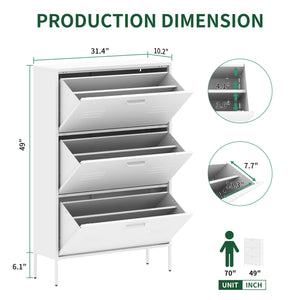 English Elm Shoe 3-Flip Drawer Storage Cabinet with Metal Frame — Freestanding Organizer for Entryway, White T2398P290422