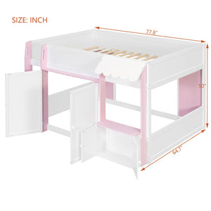 English Elm Twin House Loft Bed with Pull Out Rolling Desk Stair Drawers and Cabinet Storage N820S00074H