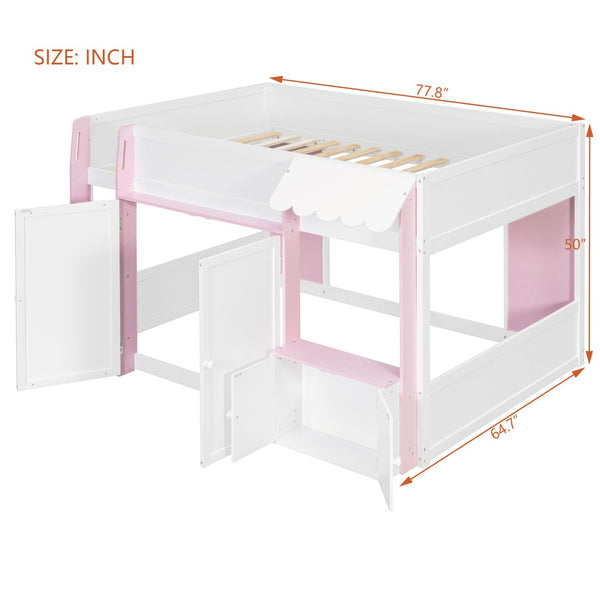 English Elm Twin House Loft Bed with Pull Out Rolling Desk Stair Drawers and Cabinet Storage N820S00074H