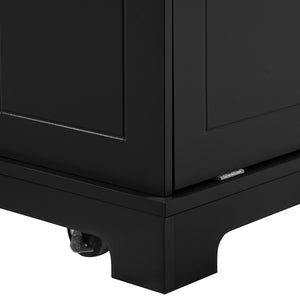 English Elm K&k Rolling Kitchen Island Rubber Wood Top Fluted Cabinet Built-in Charging Station Black N707S221571B