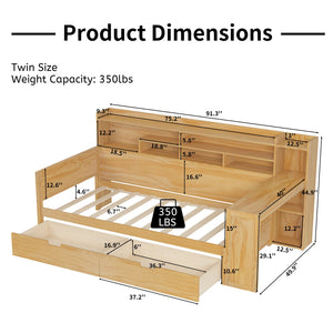 English Elm Wooden Twin Daybed with Built-In Desk, Side Shelves and Dual Drawers for Smart Space Saving Natural 54.9 L x 18.75 W x 5.6 H N733S241484M