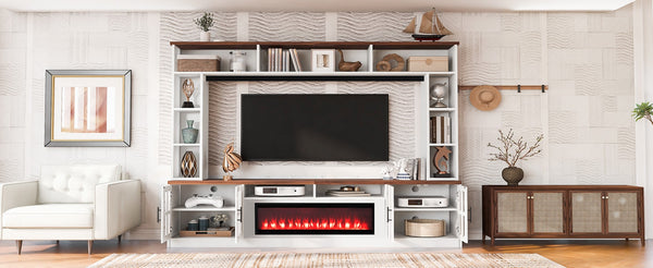English Elm U-can Modern Farmhouse Wall Unit with Electric Fireplace Bookshelves and Glass Cabinet Doors White+Walnut SJ000153AAK