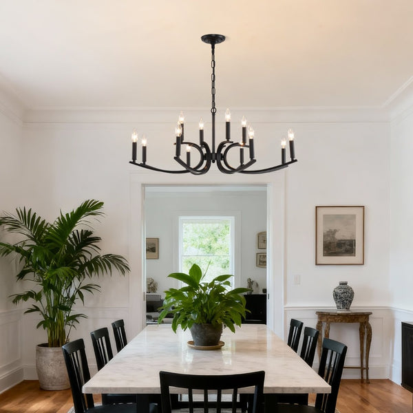 English Elm 12-light Industrial Farmhouse Chandelier Matte Black Metal for High Ceiling Spaces W5008P392712