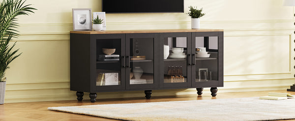 English Elm ON-TREND Farmhouse TV Stand 63" with Tempered Glass Doors, Adjustable Shelves, Solid Wood Legs, Elegant Storage Black+Natural N721P206052B