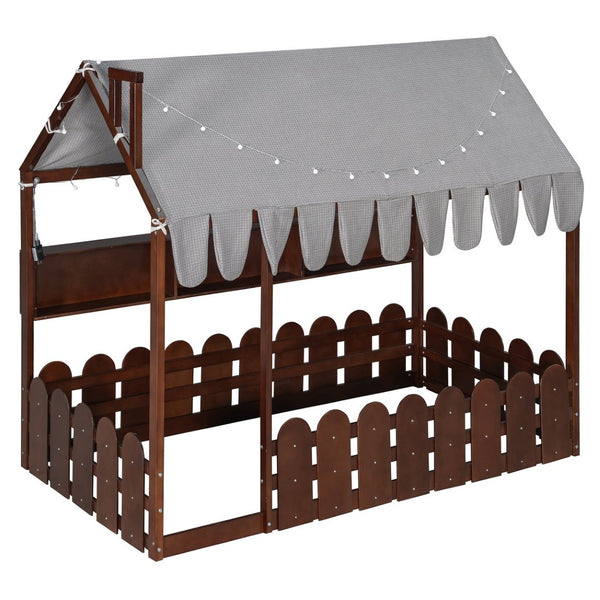 English Elm {slats Are Not Included} Twin Montessori House Floor Bed Kids Tent Lights Shelves Pinewood Frame Espresso N708P407962P