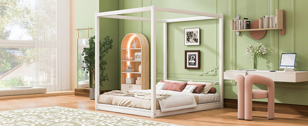 English Elm Queen Canopy Platform Bed with Sturdy Support Legs, Pine/MDF Frame, Slatted Ventilated Base, 550lb Capacity White WF293232AAK