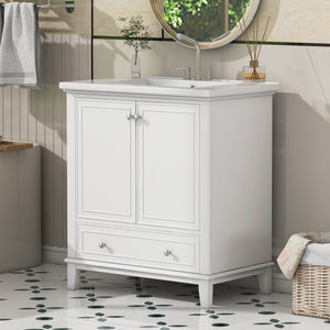 English Elm 30" Bathroom Vanity with Sink — Modern Freestanding 30" Cabinet with Ceramic Top, Drawer, Doors, Shelf White N725P221263K