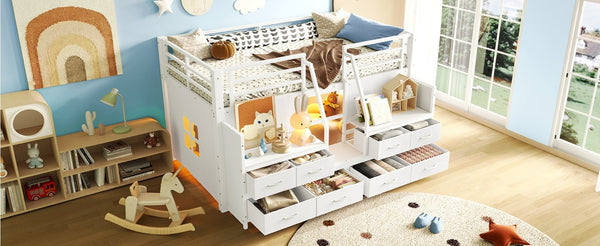 English Elm Twin Low Loft Bed with Shelves Fabric Drawers and Under Bed Study Nook Metal Frame Light White W5305S00042