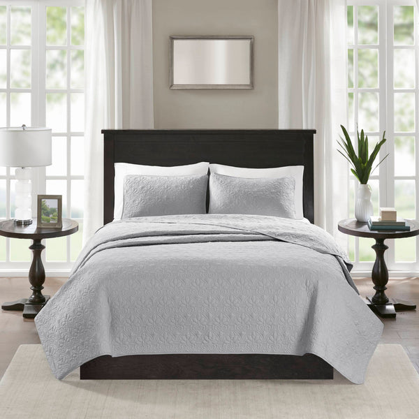 JLA Home Madison Park - 3 Reversible Quilt Set with Textured Stitching, Breathable Prewashed Cotton Fill, Antimicrobial Protection, Machine Washable Grey MP13-1370