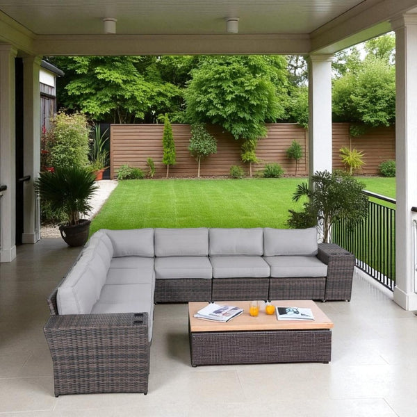 English Elm Outdoor 9-Piece Rattan Sectional Sofa Set With Plush Cushions - Stylish, Weather-Resistant Comfort B120S00271-GIGA