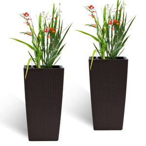 English Elm Pack of 2 Tall Square Faux Rattan Outdoor Planters with Auto Watering Patio Porch Set Brown W3213P311469