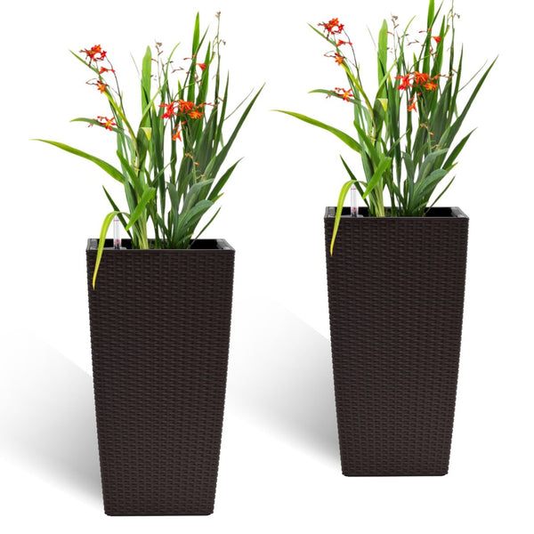 English Elm Pack of 2 Tall Square Faux Rattan Outdoor Planters with Auto Watering Patio Porch Set Brown W3213P311469