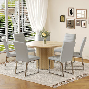 English Elm 2piece Round Pedestal Dining Set with Fluted Column Base Pu Chairs Storage Shelf W2920S00075