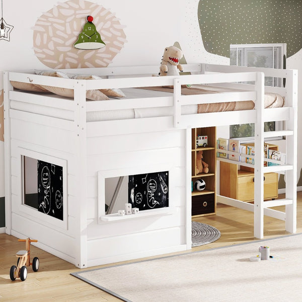 English Elm Twin Loft Bed House Frame with Sliding Chalkboard Built-in Bookshelf and Safety Rails White W1580S00319
