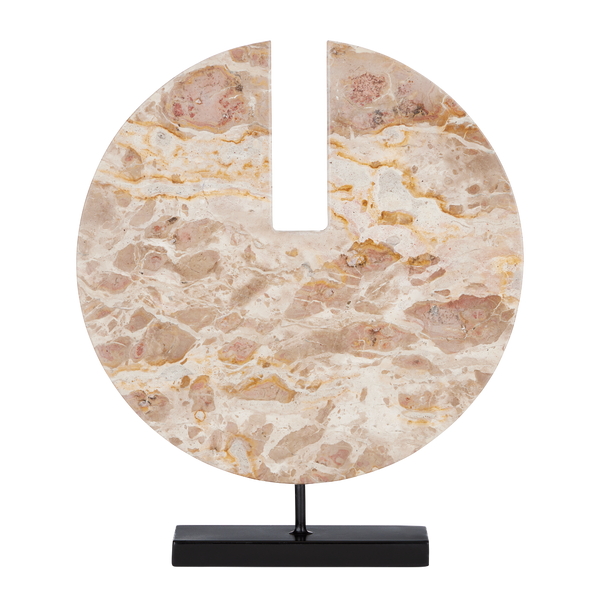 Anu Marble Disc - Unique Tan Stone Sculpture on Black Metal Base for Contemporary Home Décor