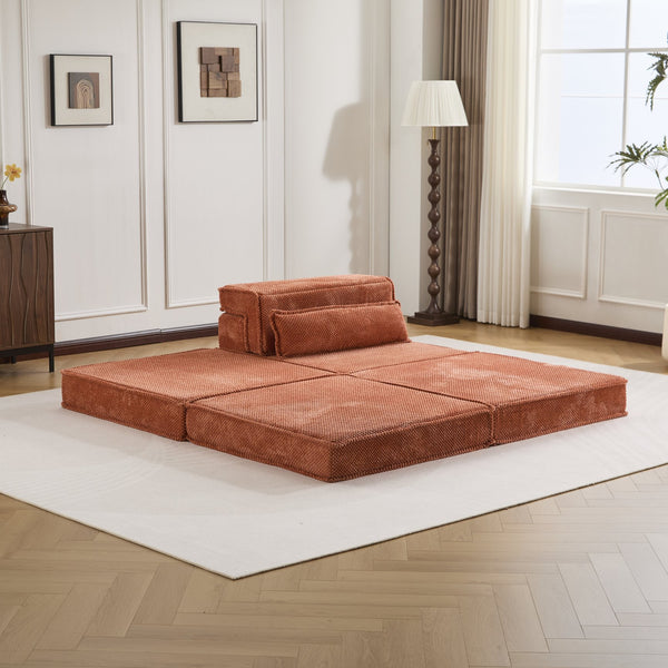 English Elm Compression Modular Floor Sofa Bed – Versatile, Cozy, No Assembly Required With Pillow & Ottoman, Orange W3723S00042