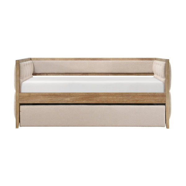 English Elm 1pc Boucle Tufted Daybed with Trundle Natural Wood Frame Transitional Guest Room B011S02099