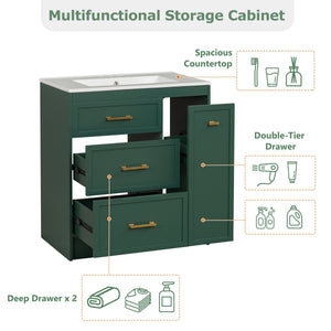English Elm Classic 30" Forest Green Bathroom Vanity with Gold Handles, Double-Layer Drawer, Ceramic Sink Elegance N729P194978F
