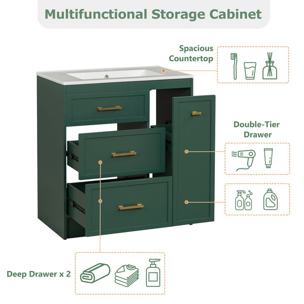 English Elm Classic 30" Forest Green Bathroom Vanity with Gold Handles, Double-Layer Drawer, Ceramic Sink Elegance N729P194978F