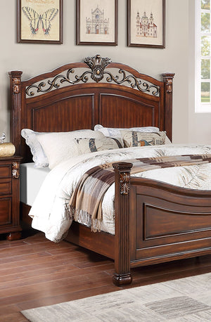 English Elm Formal Traditional California King Bed - Dark Cherry Finish With Tufted Faux Leather Headboard B011S00957