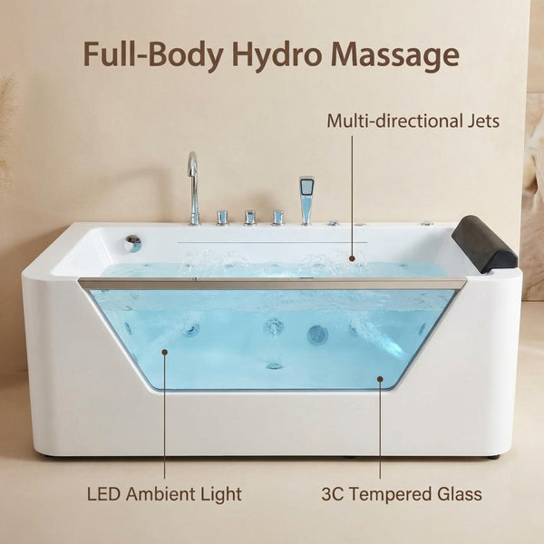 English Elm 67" Whirlpool Soaking Tub with Tempered Glass Apron Chromatherapy Jets Acrylic Spa W3605P400539