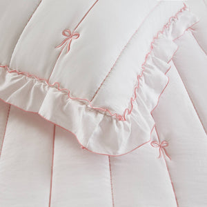 English Elm 3-piece Reversible Microfiber Quilt Set Bow Embroidery Ruffled Trim Romantic Bedroom Pink+White B035P482881