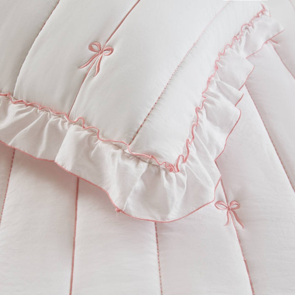 English Elm 3-piece Reversible Microfiber Quilt Set Bow Embroidery Ruffled Trim Romantic Bedroom Pink+White B035P482881
