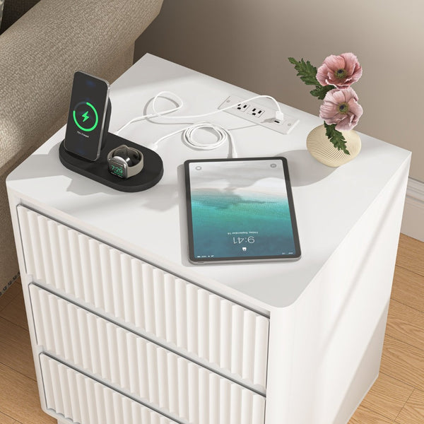 English Elm (set Set of 2 Modern End Tables with Usb-c Charging and Three Drawer Storage for Any Room White W409P414472