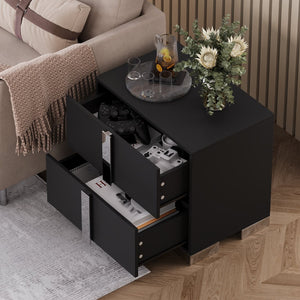 English Elm Modern Two Drawer Nightstand with Slim Metal Legs and Mirrored Bar Handles for Bedroom Black W5271P416540