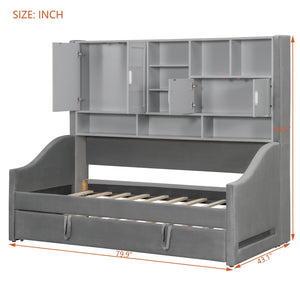 English Elm Twin Upholstered Daybed with LED Armrest Lighting, Hidden Storage Shelves & Lift-Up Pull-Out Trundle Gray SF000198AAE