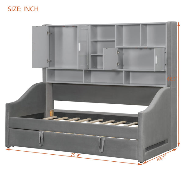 English Elm Twin Upholstered Daybed with LED Armrest Lighting, Hidden Storage Shelves & Lift-Up Pull-Out Trundle Gray SF000198AAE