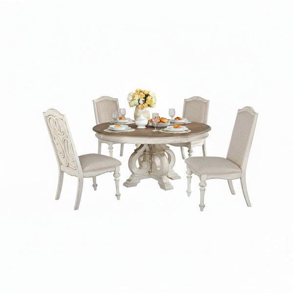 English Elm Elegant Round Pedestal Dining Set Carved Wood Table with Four Upholstered Side Chairs Antique White,Ivory B2741S00890