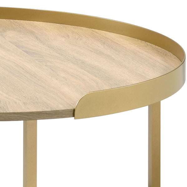 English Elm Oak Coffee Table With Elegant Gold Accents, Round Tray Top, Modern Design For Living Spaces B062P181359
