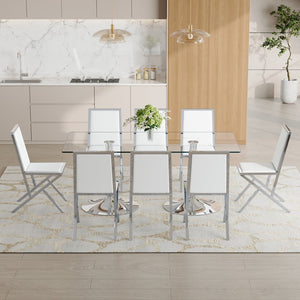 English Elm Table and Chair Set Tempered Glass Top with Silver Metal Frames Seats 8 Dining White+Silver W1151S04765