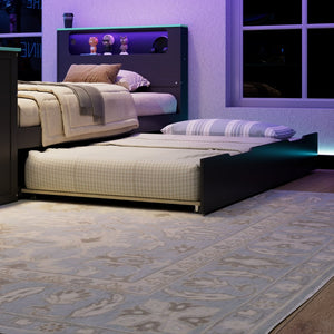 English Elm Twin Wood Gaming Daybed with Trundle Built-in Desk Rgb Lighting and Usb Port Black+Blue LT000283AAC