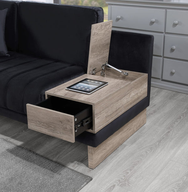 English Elm Messina Black Velvet Sectional Sofa with Channel Tufting Storage and Built-in Charging B2749S00231