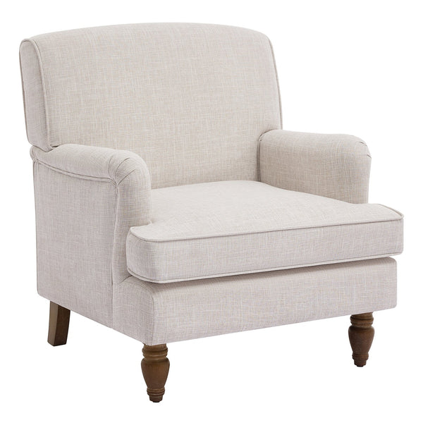 English Elm Vintage Linen Armchair with Rolled Arms and Turned Wood Legs — Plush Cushions, Sturdy Support, Timeless Accent for Living Spaces Beige 29.84 L x 29.5 W x 18.42 H N701P326070A