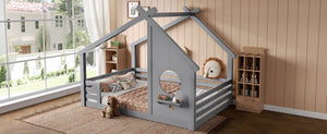 English Elm Full House Floor Bed with Roof Window and Shelf – Solid Pine Kids Loft-Style Low Bed, Durable Design Grey W1580P362698